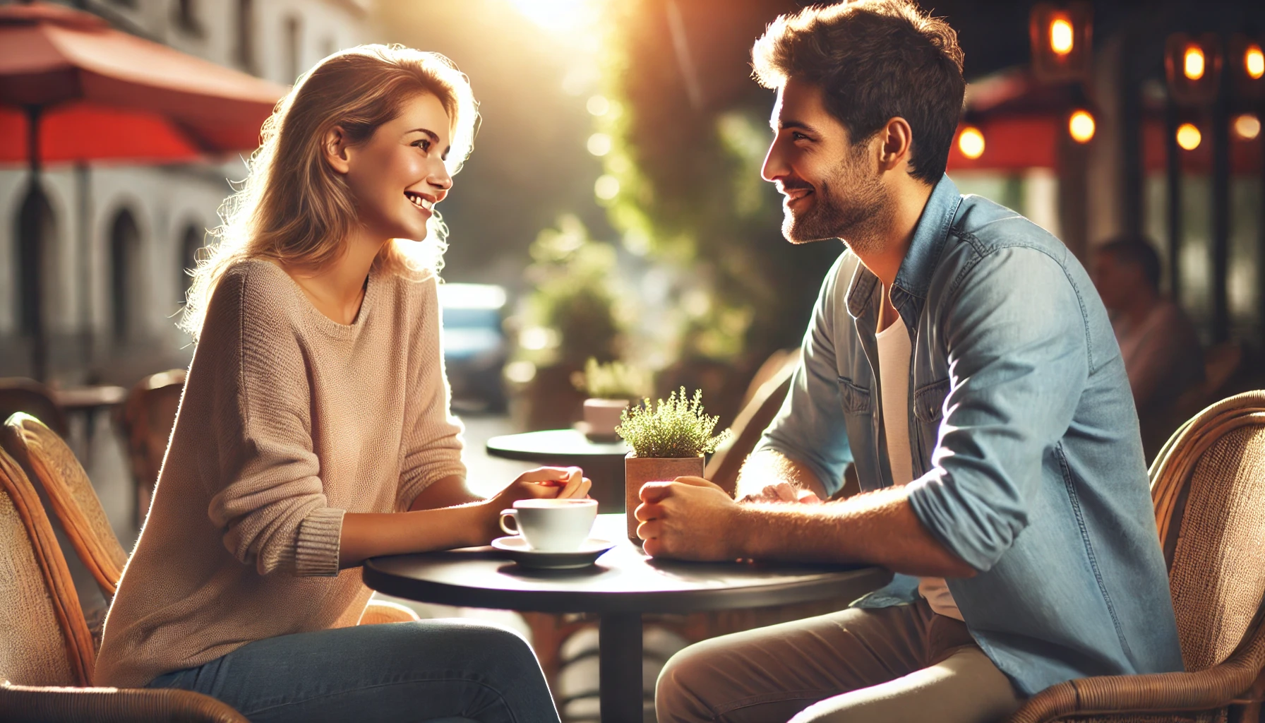 A man and woman sharing a meaningful conversation in a warm, inviting atmosphere, symbolizing connection and mutual interest.