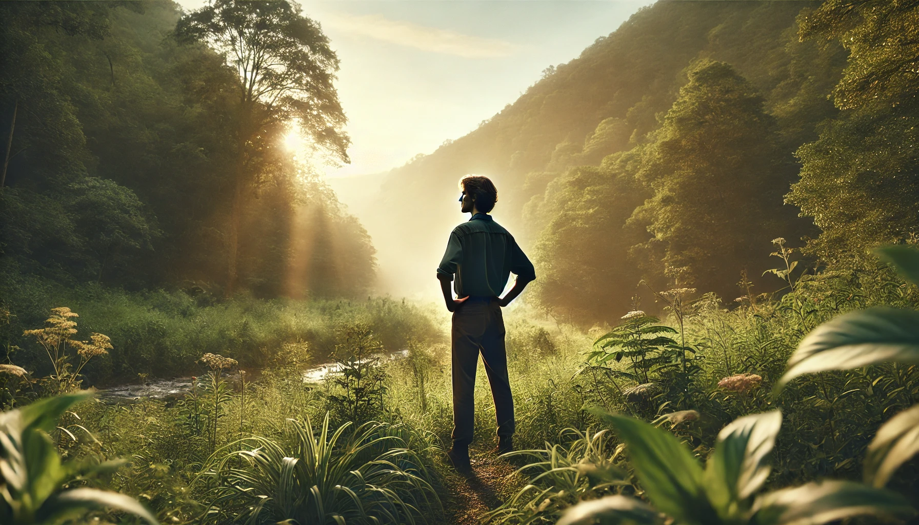 An individual standing confidently in a peaceful outdoor setting, symbolizing self-respect, autonomy, and the power of saying no.
