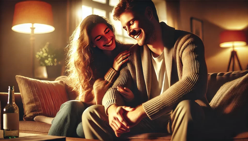 A man and a woman sharing a warm, intimate laugh in a cozy living room, symbolizing the potential for a friendship to evolve into a romantic connection.