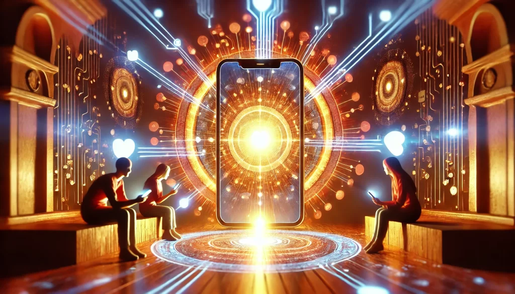 An abstract representation of connection through texting, featuring a glowing smartphone in a warm, inviting atmosphere with vibrant digital energy radiating outward.