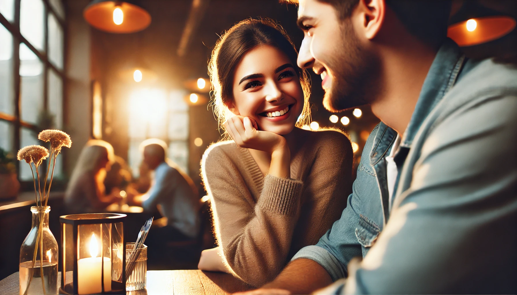 A couple having a warm conversation in a cozy café, suggesting open communication and trust in a relationship.