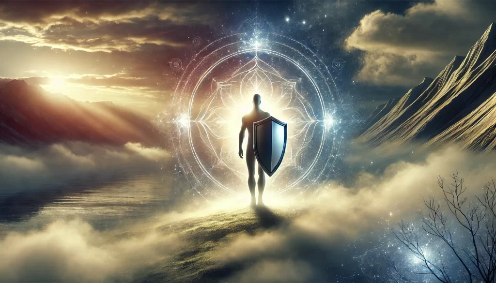 A figure standing strong with a shield in a dramatic, serene landscape, surrounded by glowing light, symbolizing protection and resilience against manipulation.