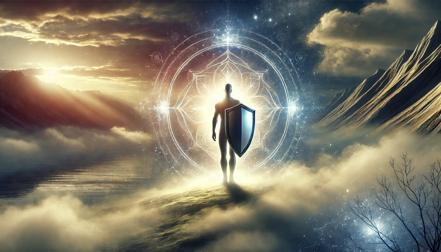 A figure standing strong with a shield in a dramatic, serene landscape, surrounded by glowing light, symbolizing protection and resilience against manipulation.