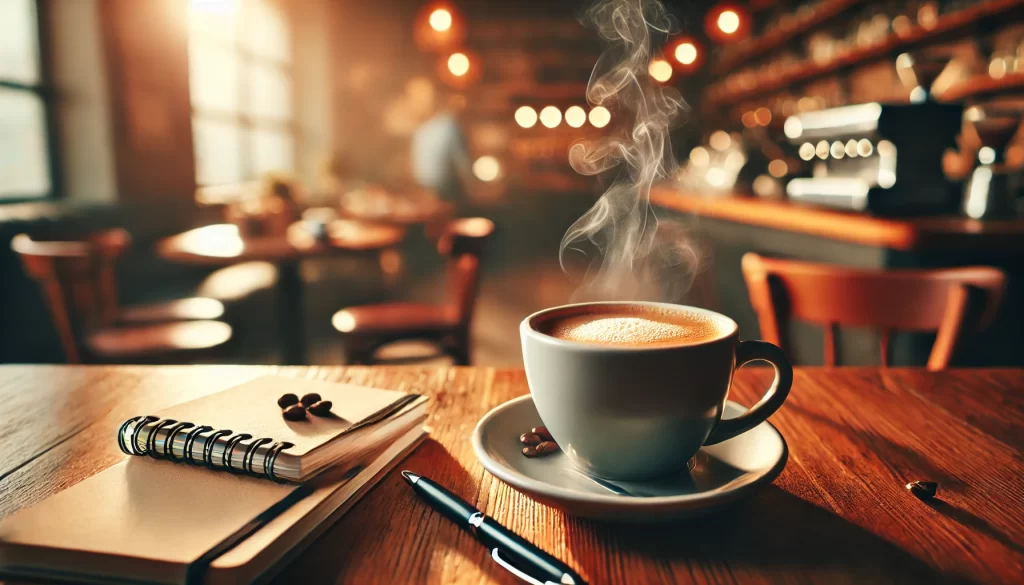 A steaming cup of coffee on a wooden table with a notebook and pen in a cozy cafe, symbolizing a moment of reflection.