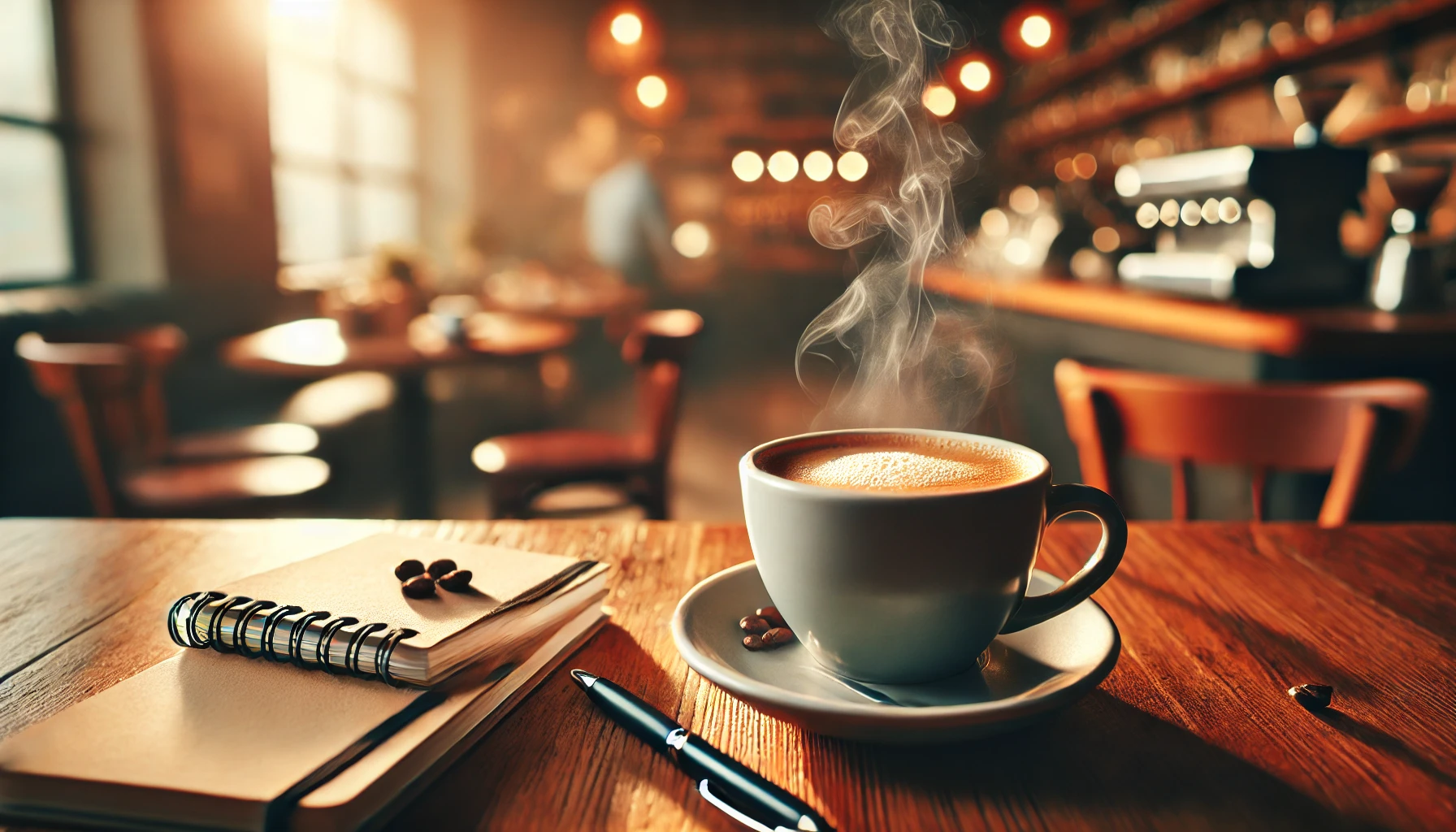 A steaming cup of coffee on a wooden table with a notebook and pen in a cozy cafe, symbolizing a moment of reflection.