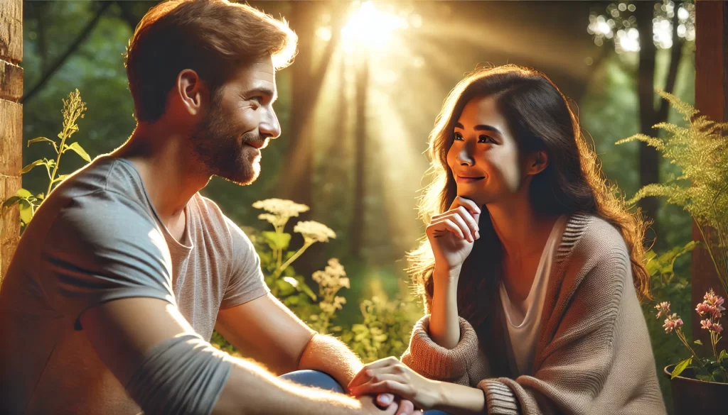 A couple engaged in meaningful conversation outdoors, with warm smiles and an authentic connection, symbolizing empathy, vision, and growth.