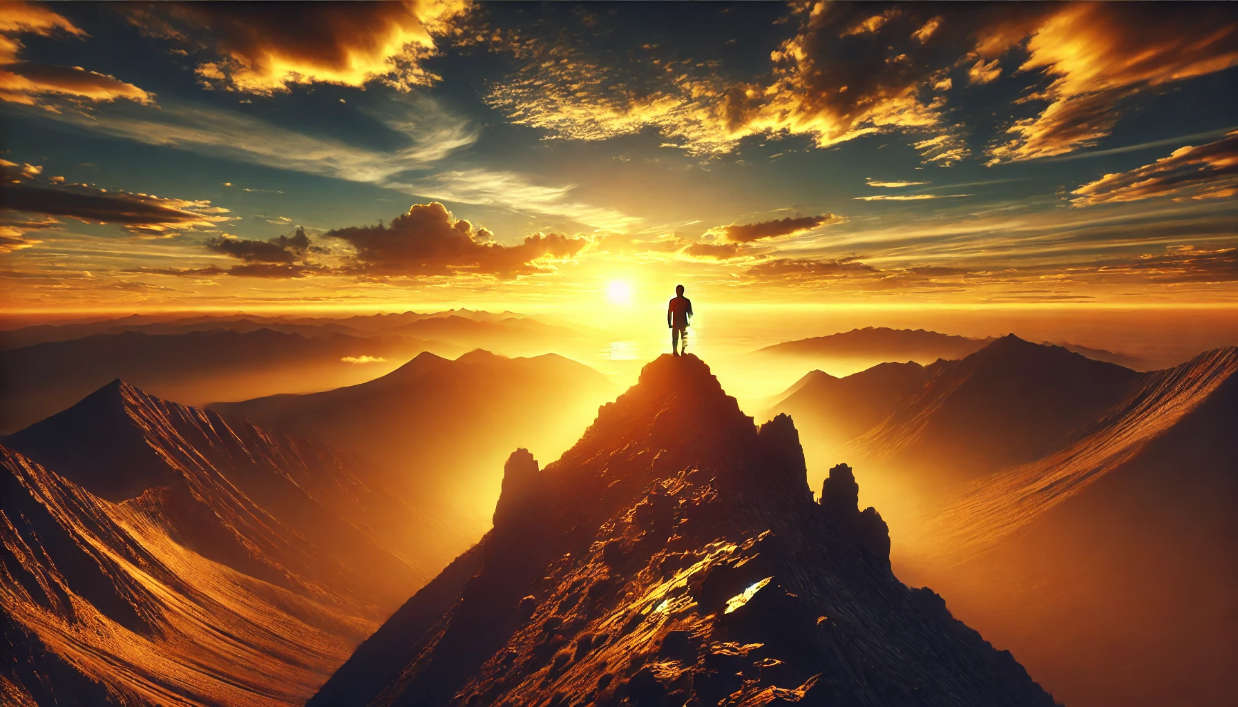 A person standing on a mountain peak at sunrise, gazing over a vast landscape, symbolizing continuous personal growth and self-improvement.
