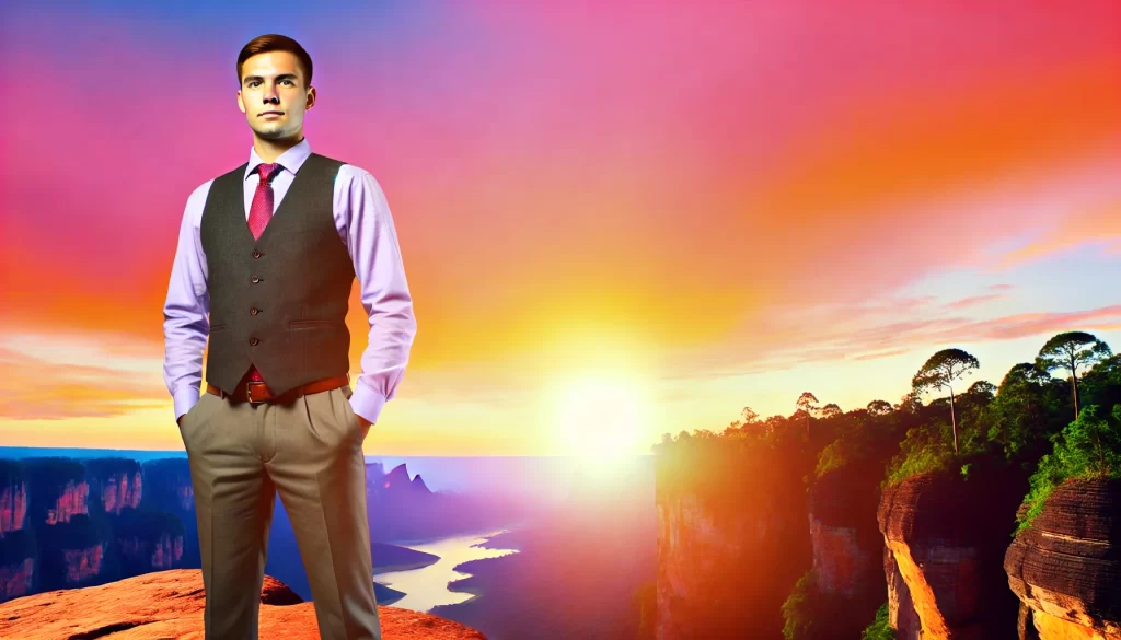 A man standing confidently at the edge of a cliff, overlooking a stunning landscape at sunset, symbolizing self-assurance and personal growth.