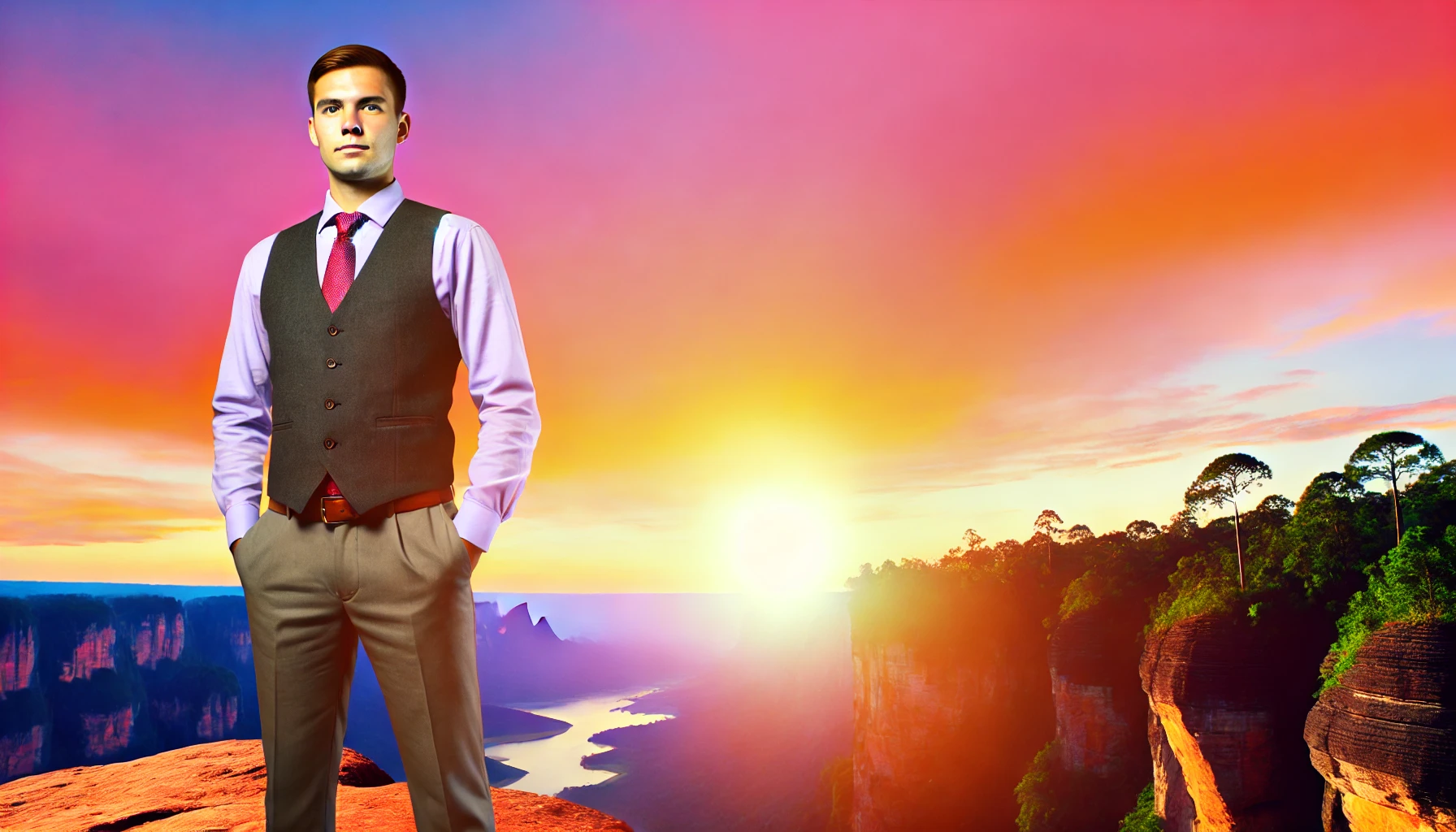 A man standing confidently at the edge of a cliff, overlooking a stunning landscape at sunset, symbolizing self-assurance and personal growth.
