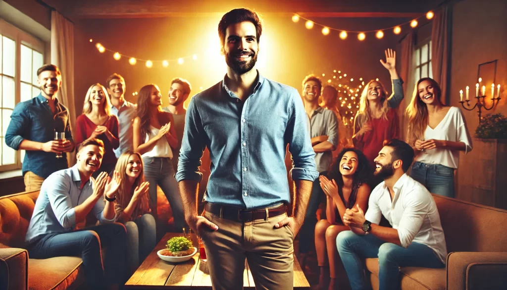A confident man surrounded by a lively group of friends in a social setting, radiating positivity and connection.