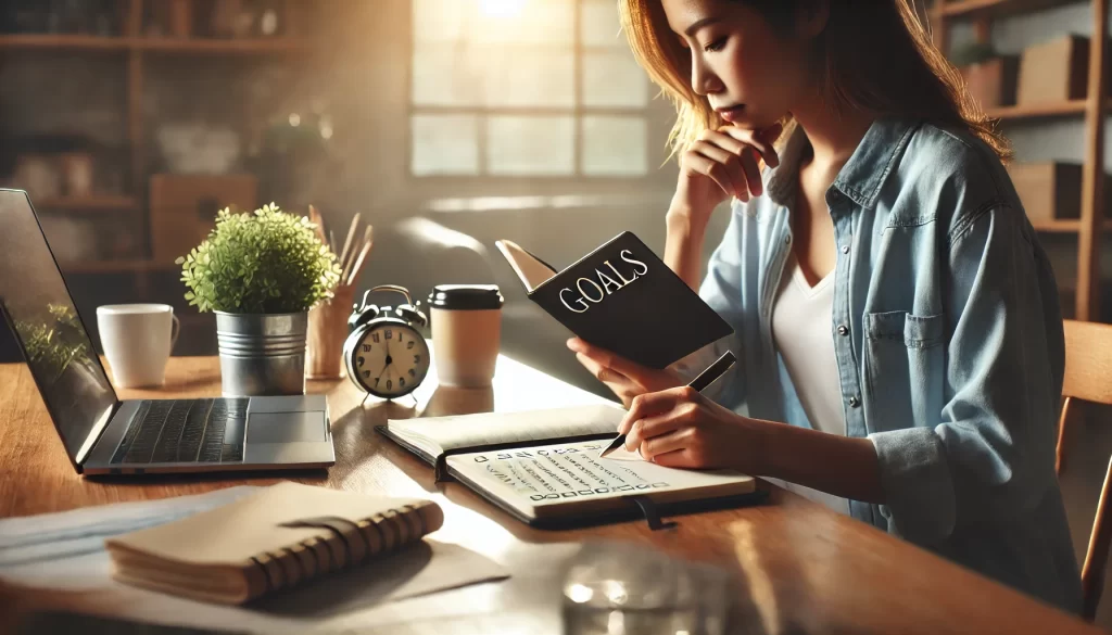 An individual sitting at a desk with a focused expression, reviewing a notebook filled with goals and plans, symbolizing the power of setting clear priorities.