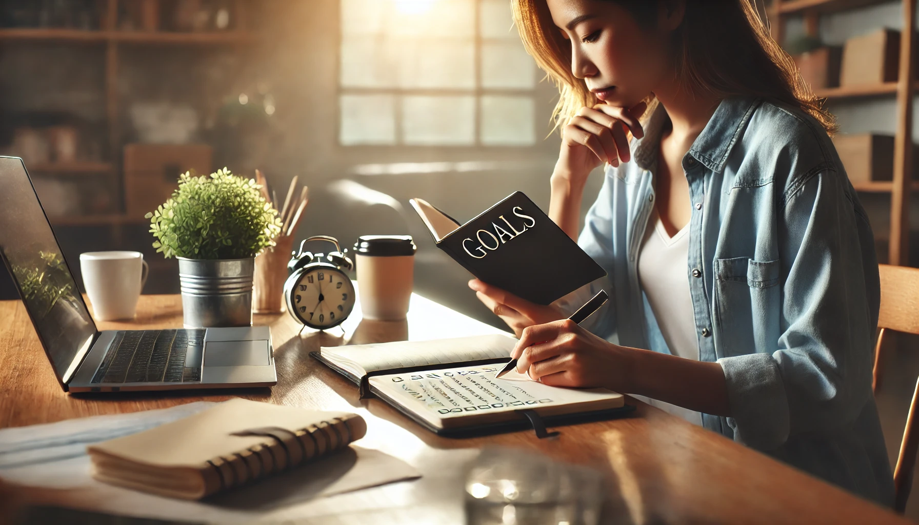 An individual sitting at a desk with a focused expression, reviewing a notebook filled with goals and plans, symbolizing the power of setting clear priorities.