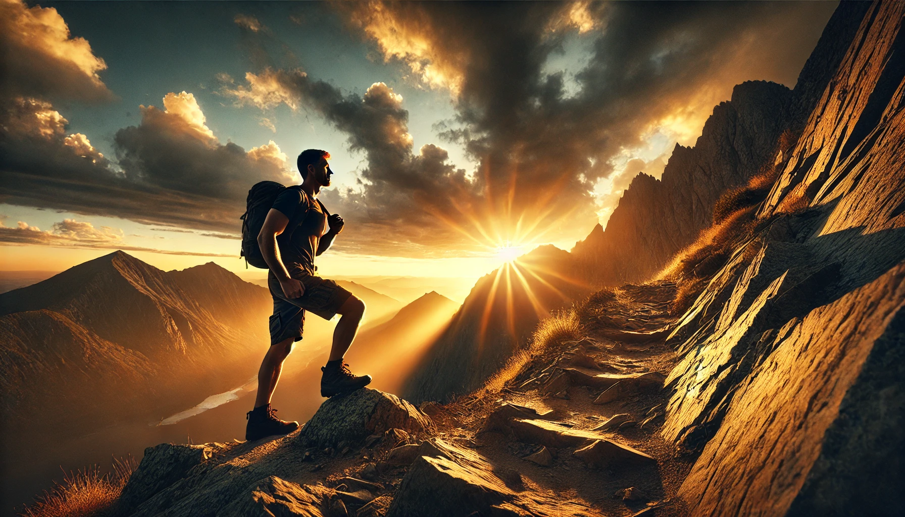 A man standing at the edge of a mountain cliff, arms wide open, symbolizing confidence, freedom, and embracing life's challenges.