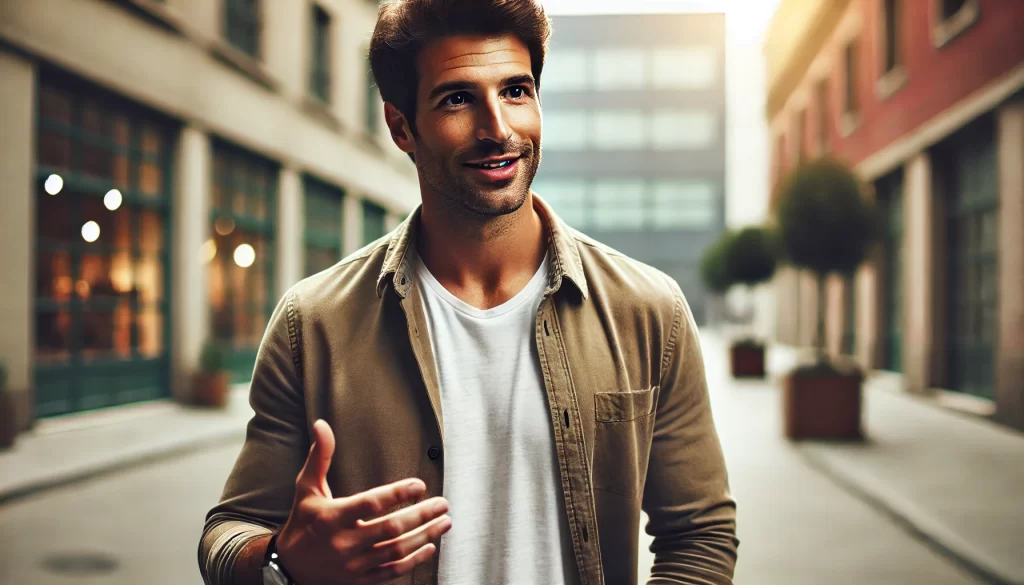 A confident man standing outdoors, mid-conversation, with a relaxed and genuine demeanor in a casual urban setting, symbolizing authenticity and openness.