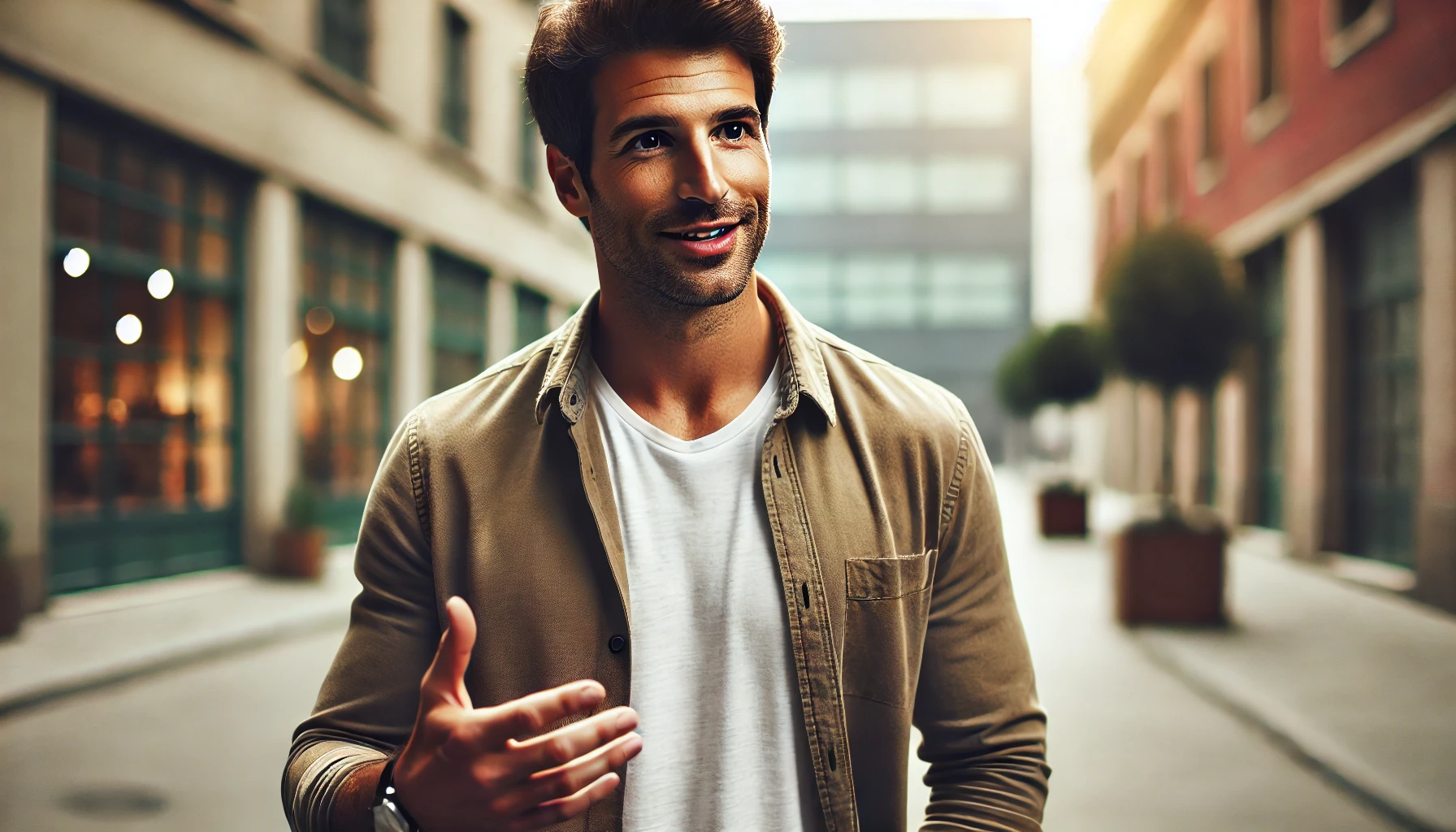 A confident man standing outdoors, mid-conversation, with a relaxed and genuine demeanor in a casual urban setting, symbolizing authenticity and openness.