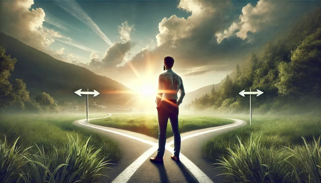 A man standing confidently at a crossroads in a serene natural landscape, with sunlight breaking through clouds, symbolizing clarity and new beginnings.