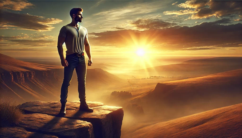 A powerful and confident man standing on the edge of a cliff at sunrise, overlooking a vast landscape, symbolizing transformation and self-mastery.