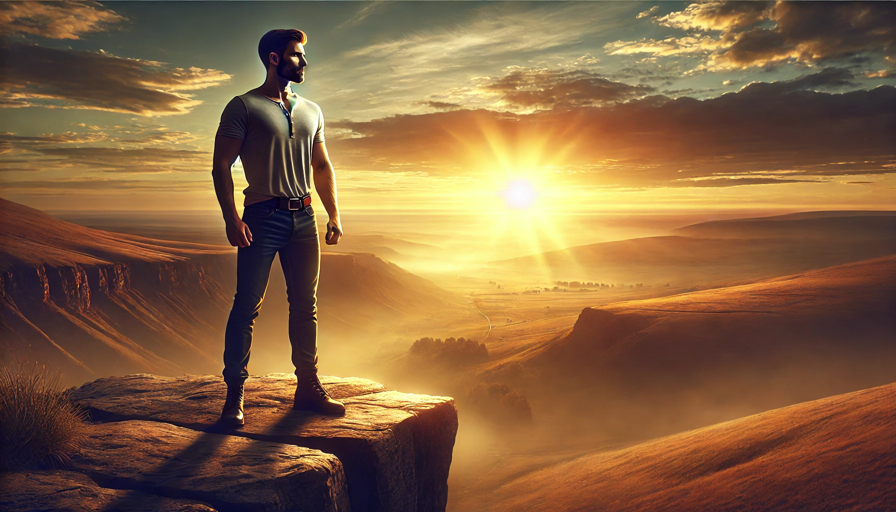 A powerful and confident man standing on the edge of a cliff at sunrise, overlooking a vast landscape, symbolizing transformation and self-mastery.