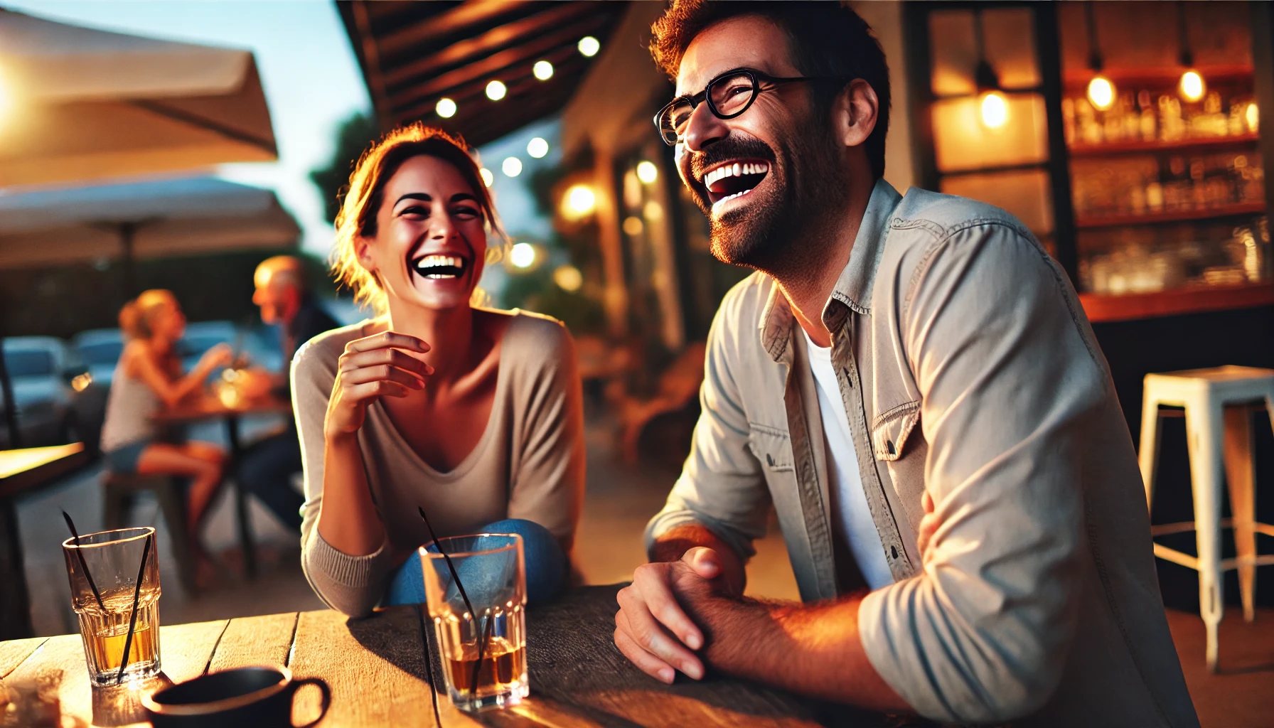 A relaxed man and woman laughing and engaging in a lighthearted conversation at an outdoor café, surrounded by a casual and inviting atmosphere.