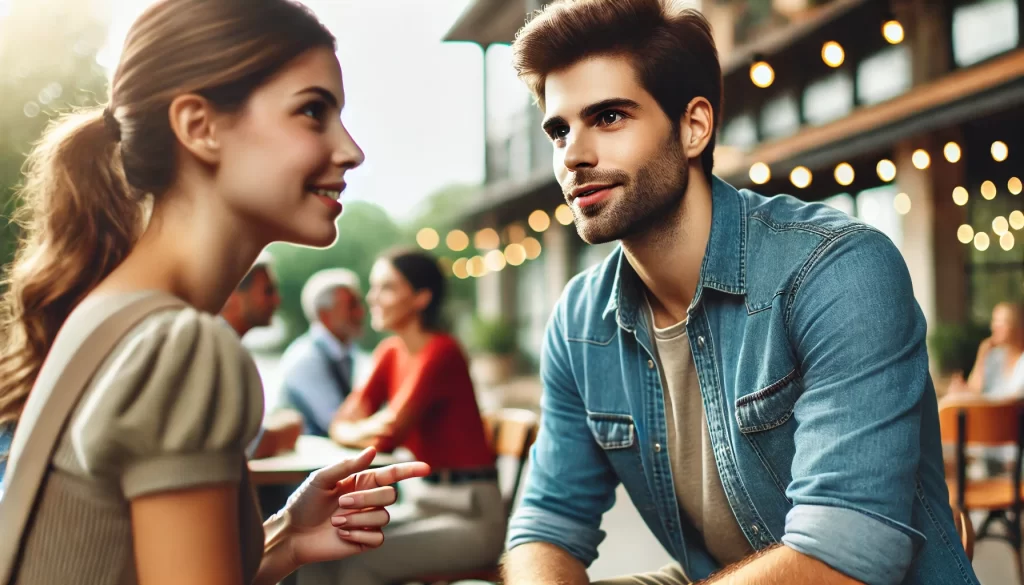 A man and woman engaged in a lively conversation in an outdoor setting, with natural light and casual body language emphasizing connection and understanding.