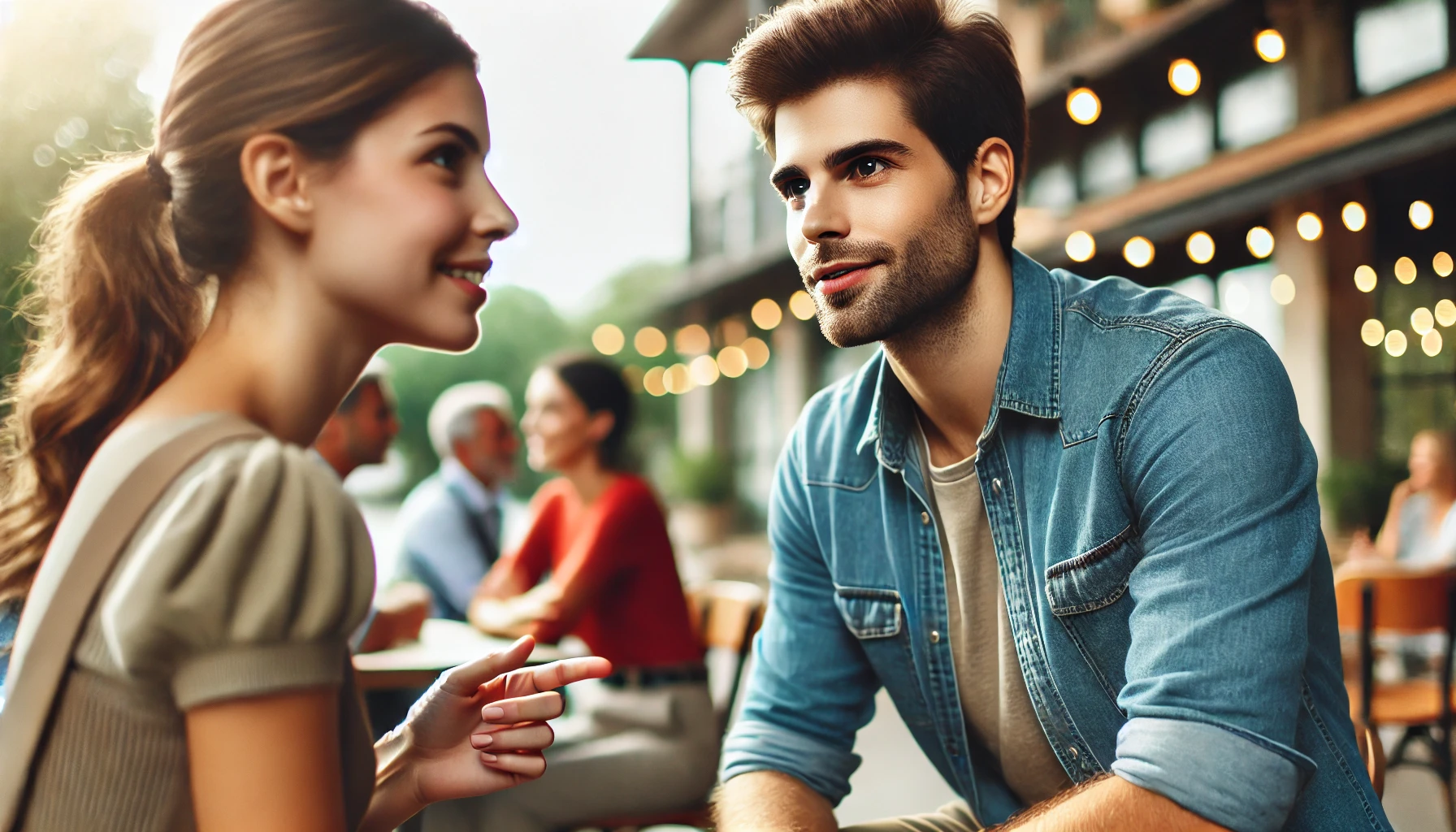 A man and woman engaged in a lively conversation in an outdoor setting, with natural light and casual body language emphasizing connection and understanding.