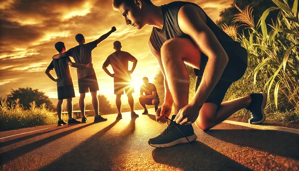 A man tying his running shoes at sunrise on a scenic path, with a supportive group of men standing in the background, symbolizing community and motivation.