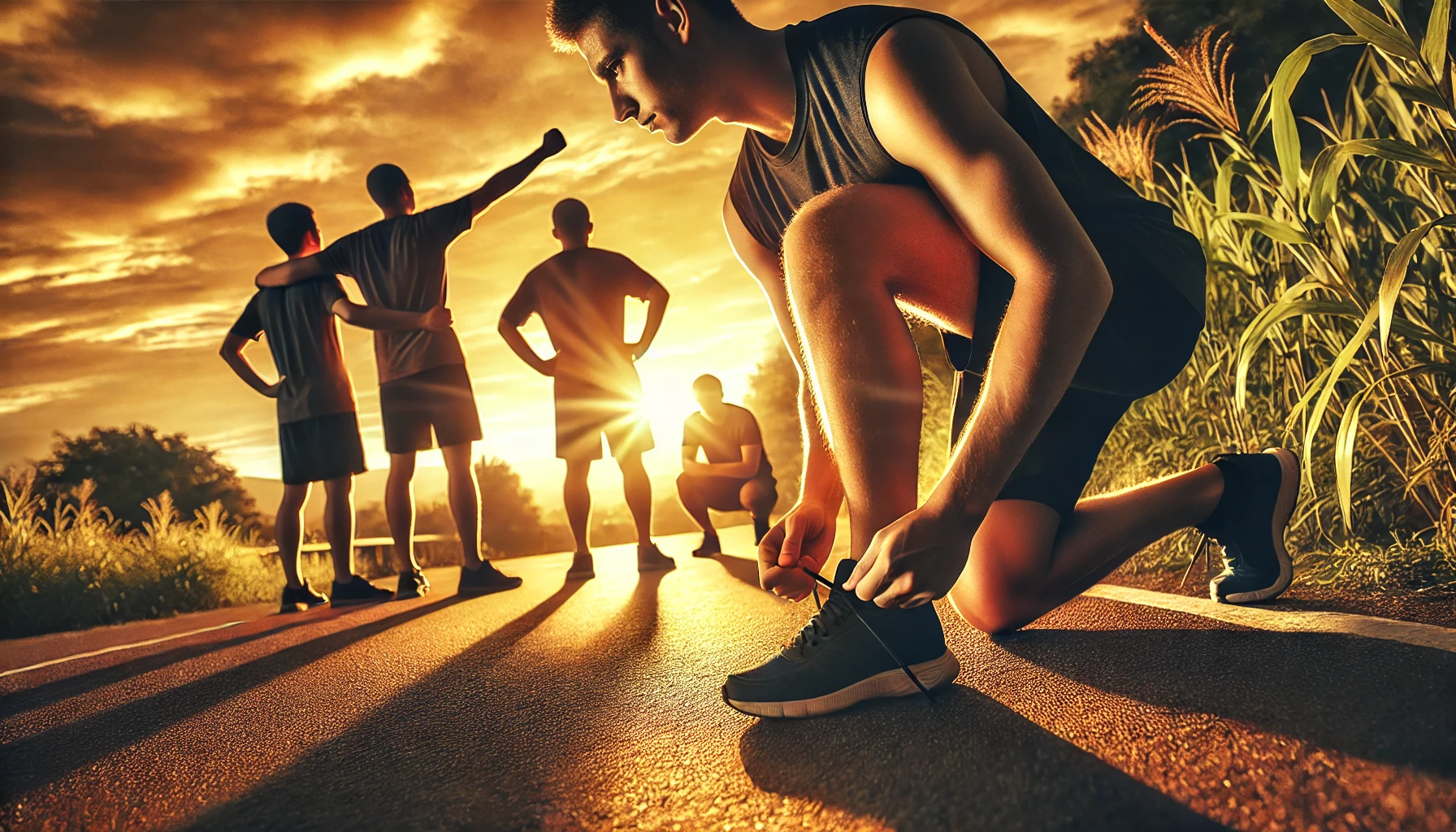 A man tying his running shoes at sunrise on a scenic path, with a supportive group of men standing in the background, symbolizing community and motivation.