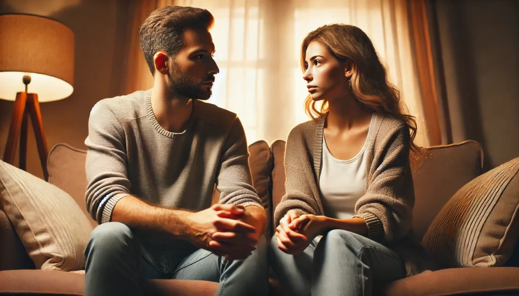 A couple sitting on a cozy couch, deeply engaged in a serious yet caring conversation, with a warm and inviting setting symbolizing healthy communication.