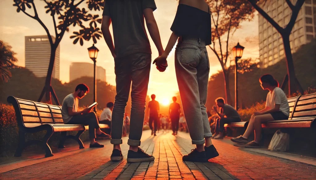 A couple holding hands in a public park during sunset, with other people casually visible in the background