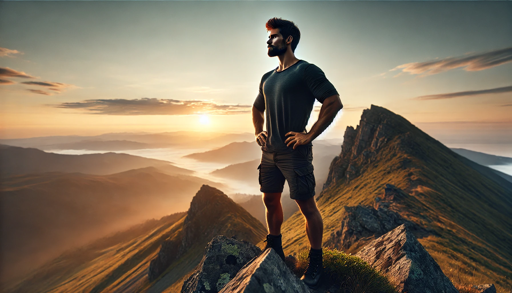 A strong and confident man standing on a rugged mountain peak at sunrise, embodying the warrior archetype with determination and inner peace.