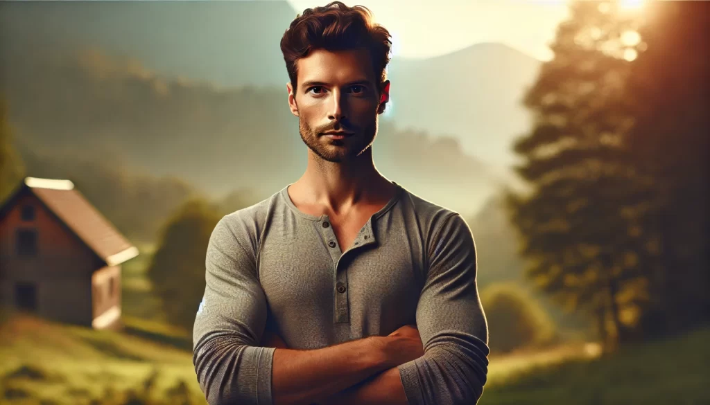 A grounded man standing in nature, deeply present in the moment, symbolizing inner strength and awareness.