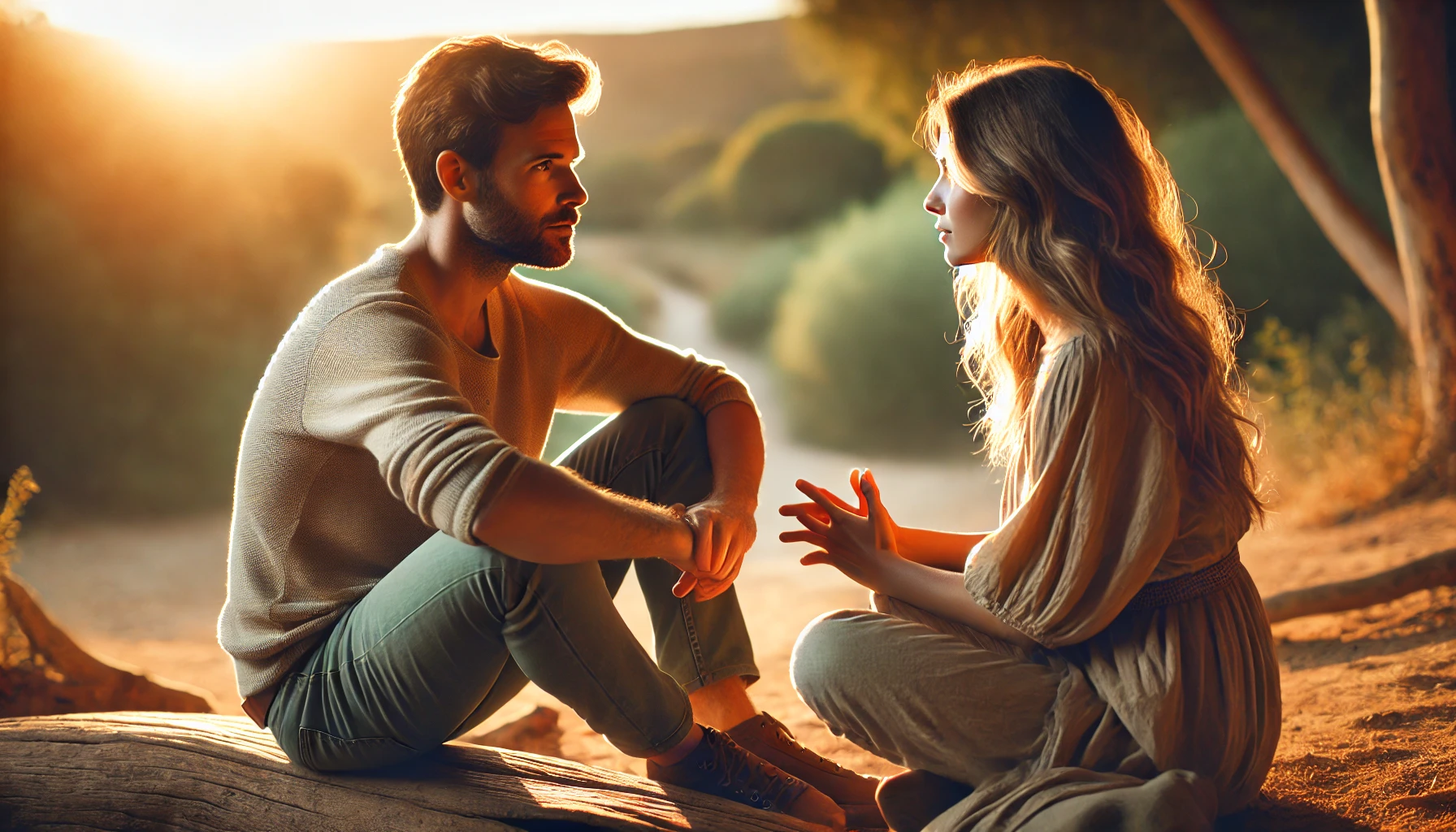 A man and woman sitting together, engaged in deep conversation, symbolizing the journey of exploring relationships as experiments.