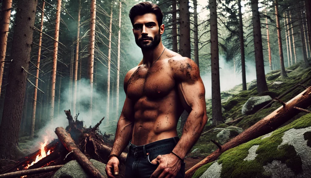 A strong, confident man standing shirtless in a rugged forest, embodying primal masculinity and deep connection to nature.