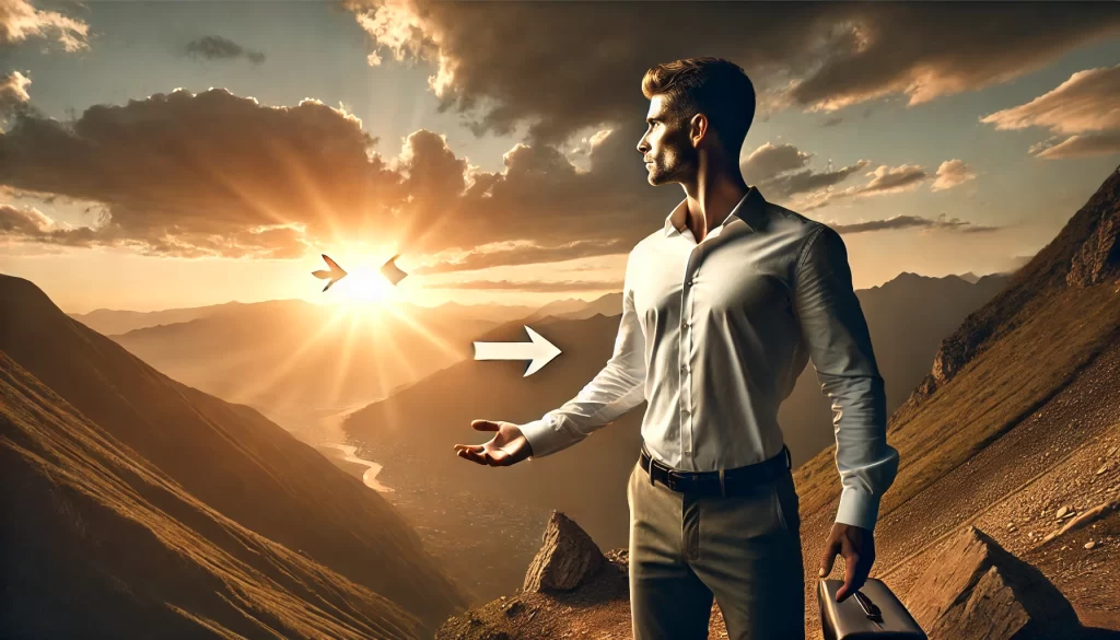 A strong, confident man standing at the edge of a mountain overlook, gazing into the distance at sunrise, symbolizing embracing change and new beginnings.