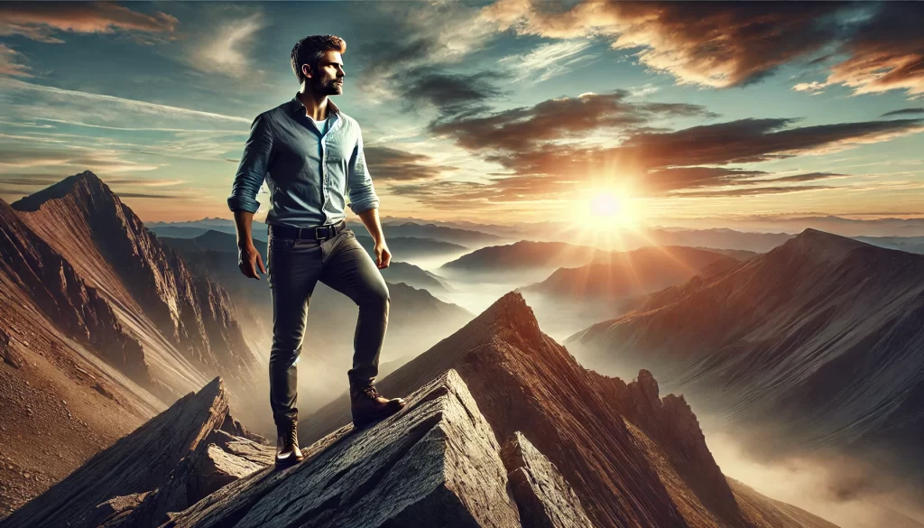 A strong, confident man standing on a rugged mountain peak at sunrise, symbolizing overcoming passivity and stepping into leadership.