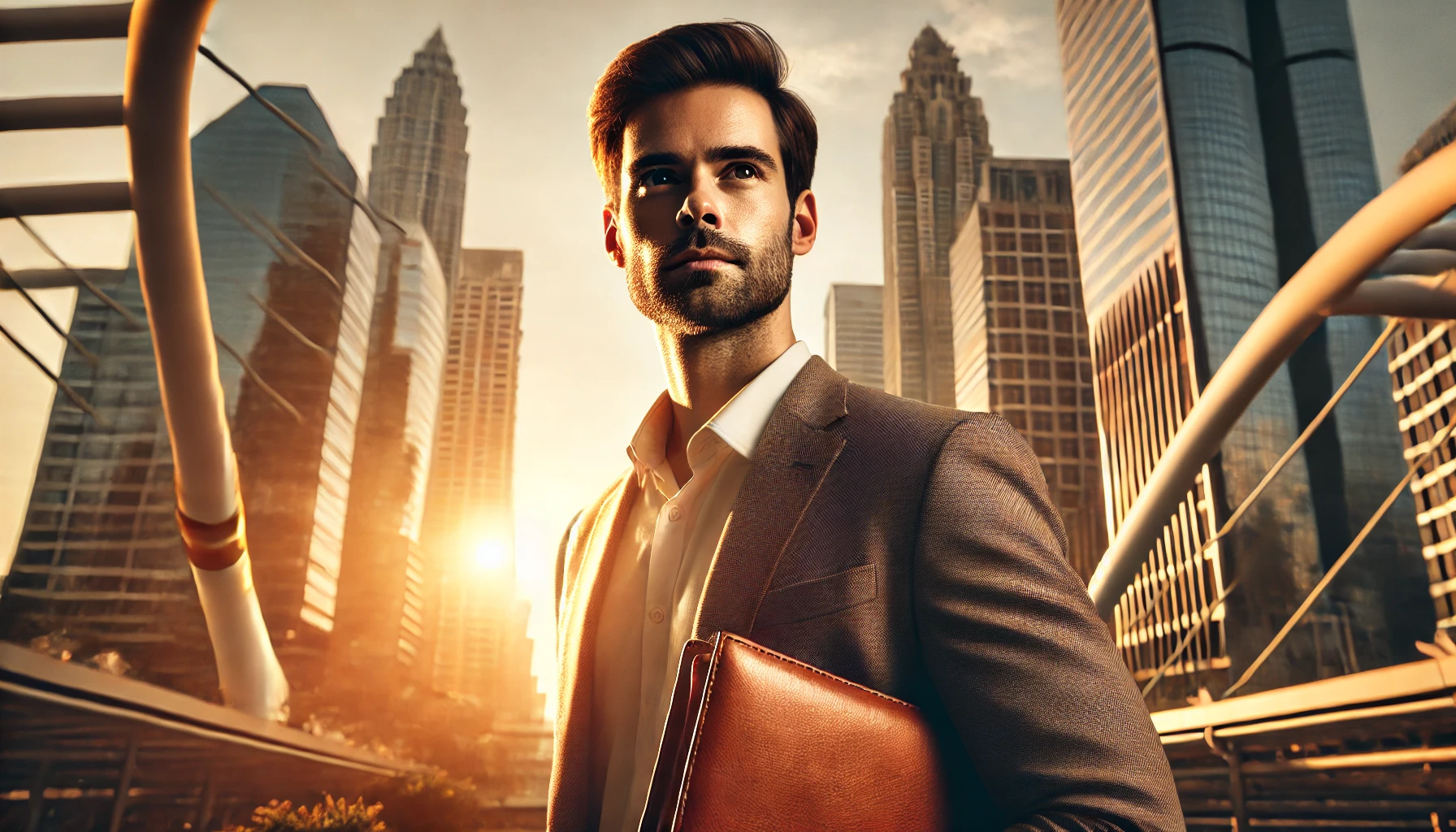 A confident man standing in front of a modern city skyline at sunrise, symbolizing financial success and stability.