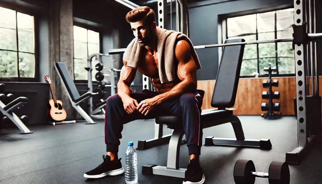 A muscular man sitting on a gym bench, visibly exhausted after an intense workout, with a towel over his shoulders and a water bottle beside him.