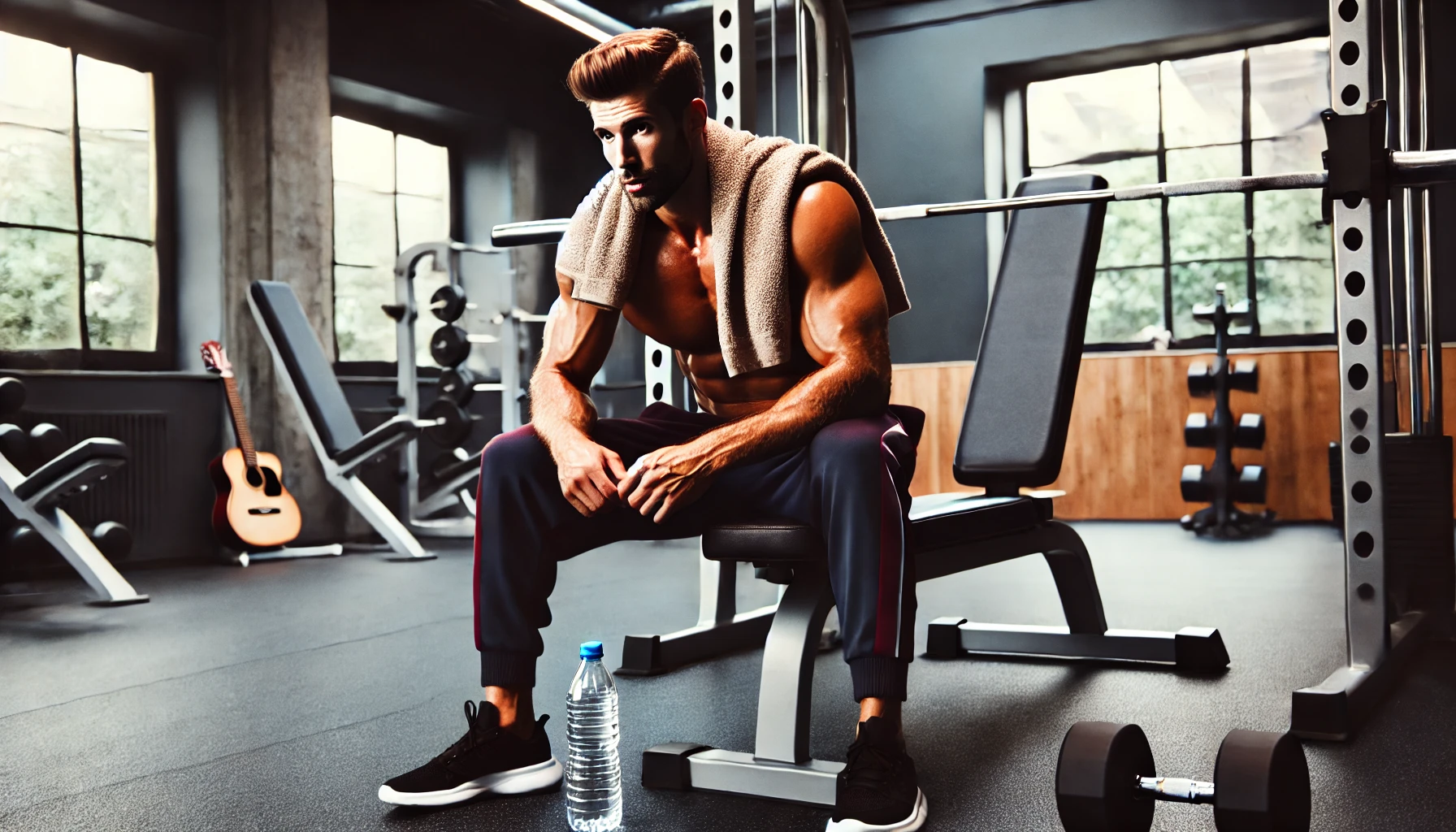 A muscular man sitting on a gym bench, visibly exhausted after an intense workout, with a towel over his shoulders and a water bottle beside him.