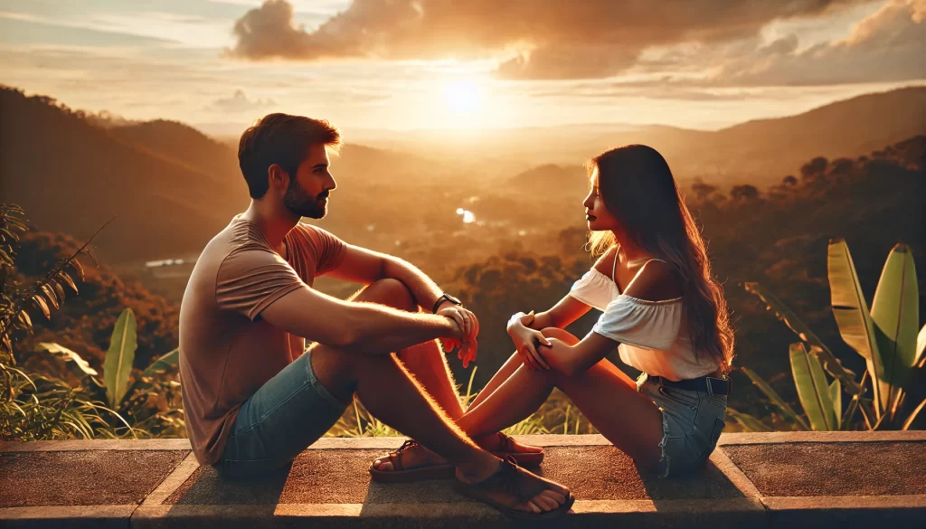 A couple sitting together on a scenic overlook during sunset, deeply engaged in conversation, symbolizing rekindling connection after the honeymoon phase.