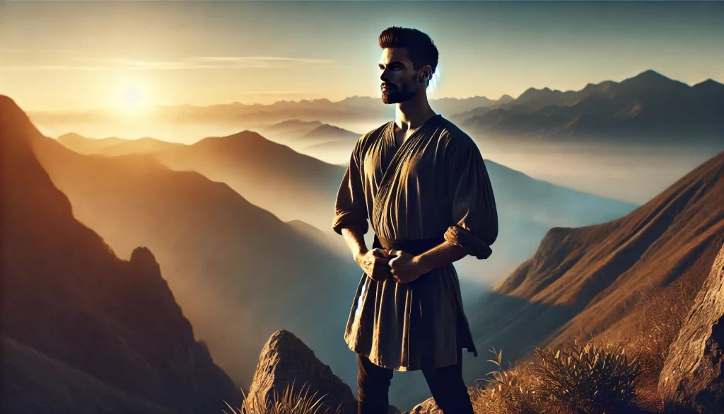 A powerful and centered man standing on a mountain peak at sunrise, representing strength, wisdom, and spiritual connection.